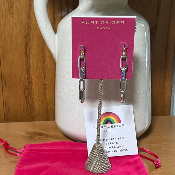 NWT Kurt Geiger Silver and Multicolor Linear Chain Earrings #KGER - Picture 1 of 9